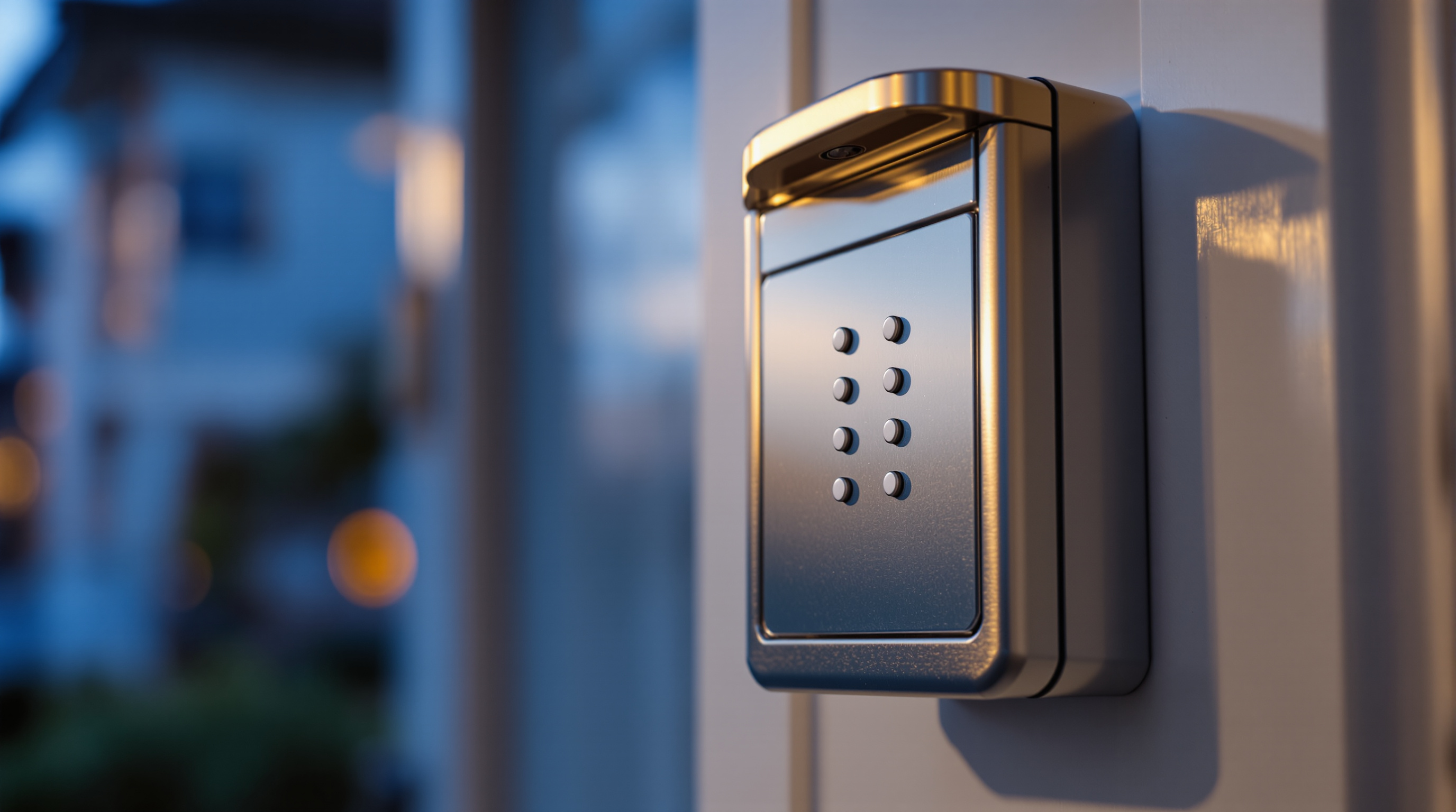 A close shallow-focus photograph at blue hour of a metal lockbox hanging from the handle of a suburban front door, its keypad face smooth and blank, warm gold porch light catching the metal edges