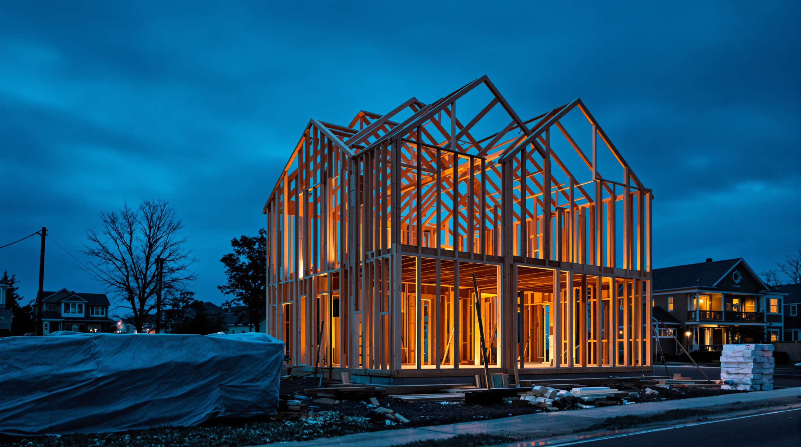 A half built timber framed house at blue hour, its bare wooden skeleton open to a deep teal sky and lit warm gold from within, with a tarpaulin covered stack of materials in the foreground and finished houses with lit windows further down the street behind it