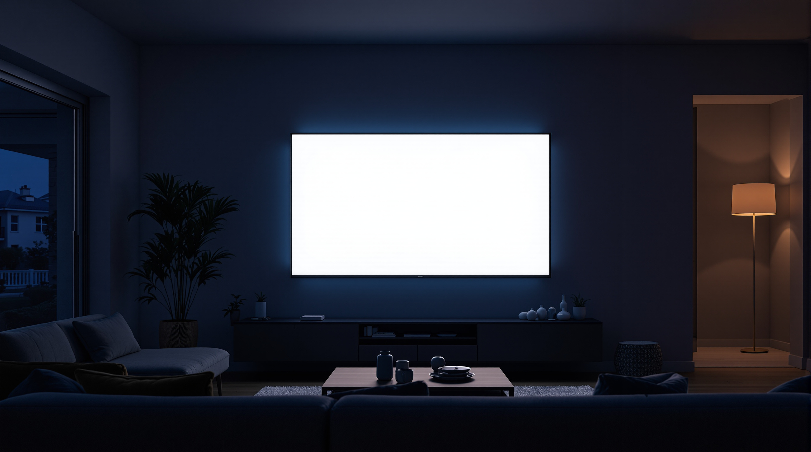 A dim suburban living room at blue hour with a large wall-mounted television showing a smooth blank glowing rectangle, throwing soft light across an empty sofa and coffee table