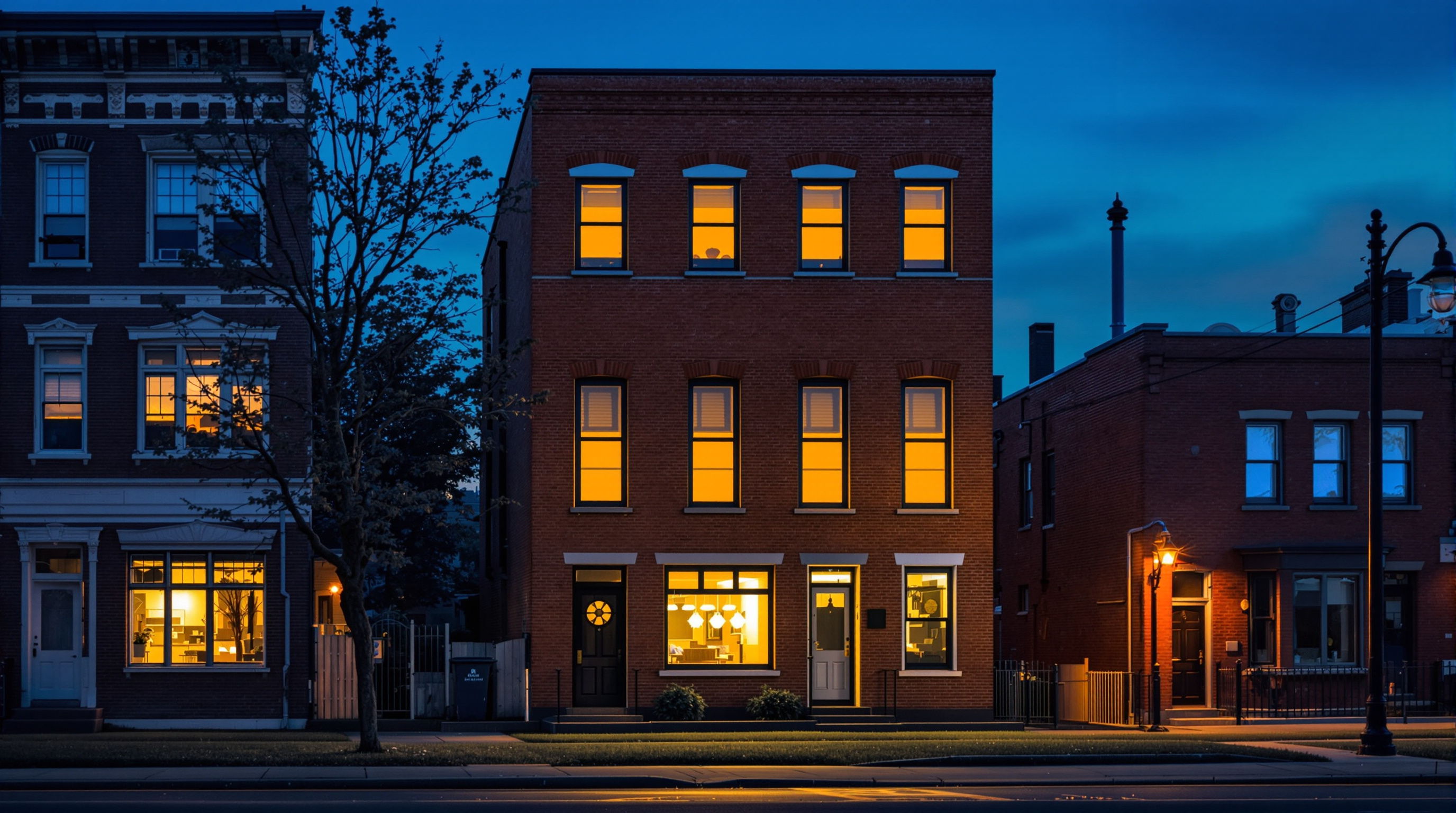 A modest three storey brick apartment building at blue hour standing on a narrow city lot with warm gold light in every window, wedged between a taller old stone building on one side and lower brick buildings on the other, with a bare tree and an empty pavement in front