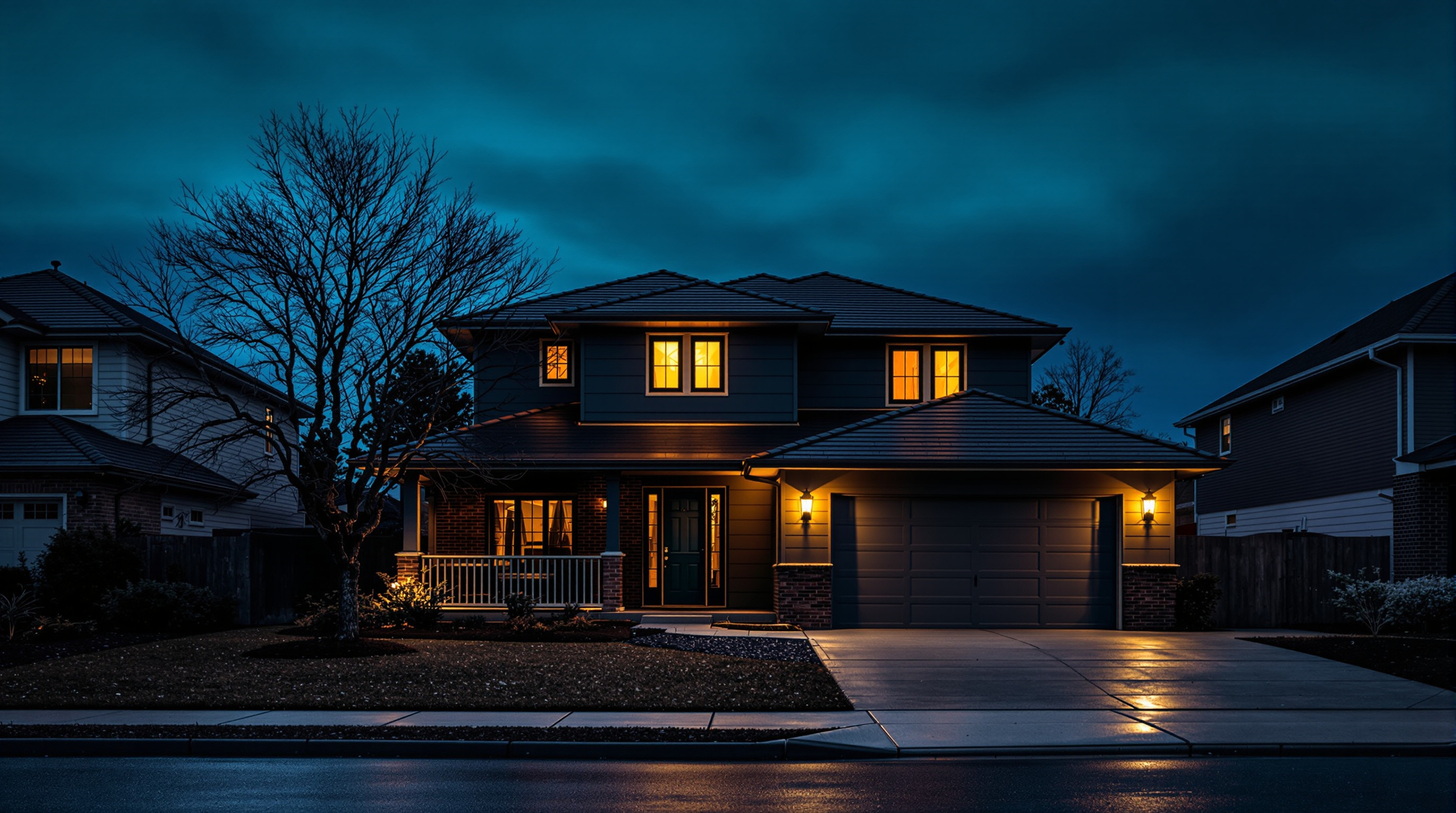The front elevation of a suburban house at blue hour photographed straight on, dark except for one upstairs window glowing warm gold, with a bare garden and deep teal sky above the roofline